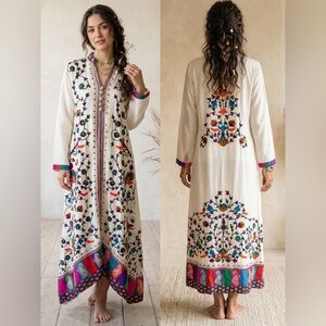 Artisan Hand-Embroidered Silk-Crinkle Embroidered Boho Maxi Dress Suzani Style